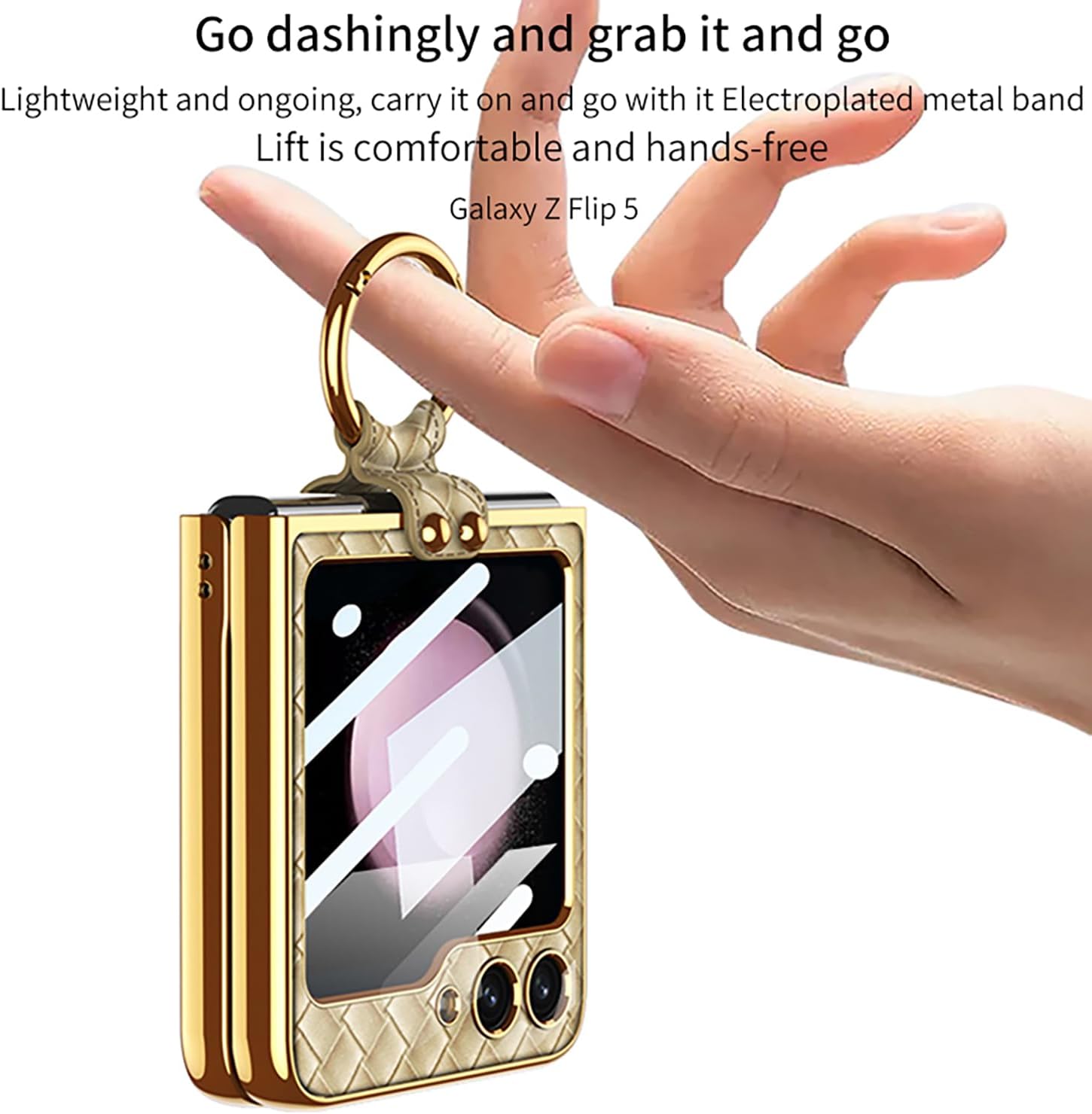 BAILI Funda para Galaxy Z Flip 5, protección completa de 360 de piel trenzada Z Flip5 con anillo, viene con protector de pantalla pequeño, diseño de