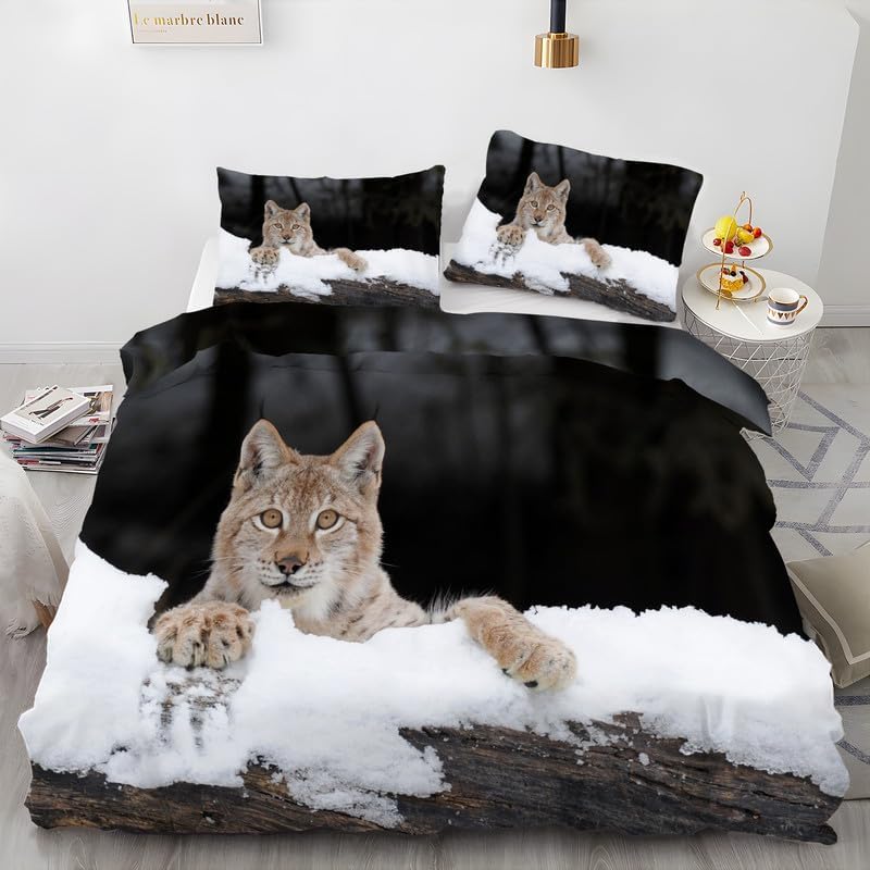 Black Lynx California King – Funda de edredón con estampado de animales, funda de edredón de microfibra suave y 2 fundas de almohada de 20 x 36