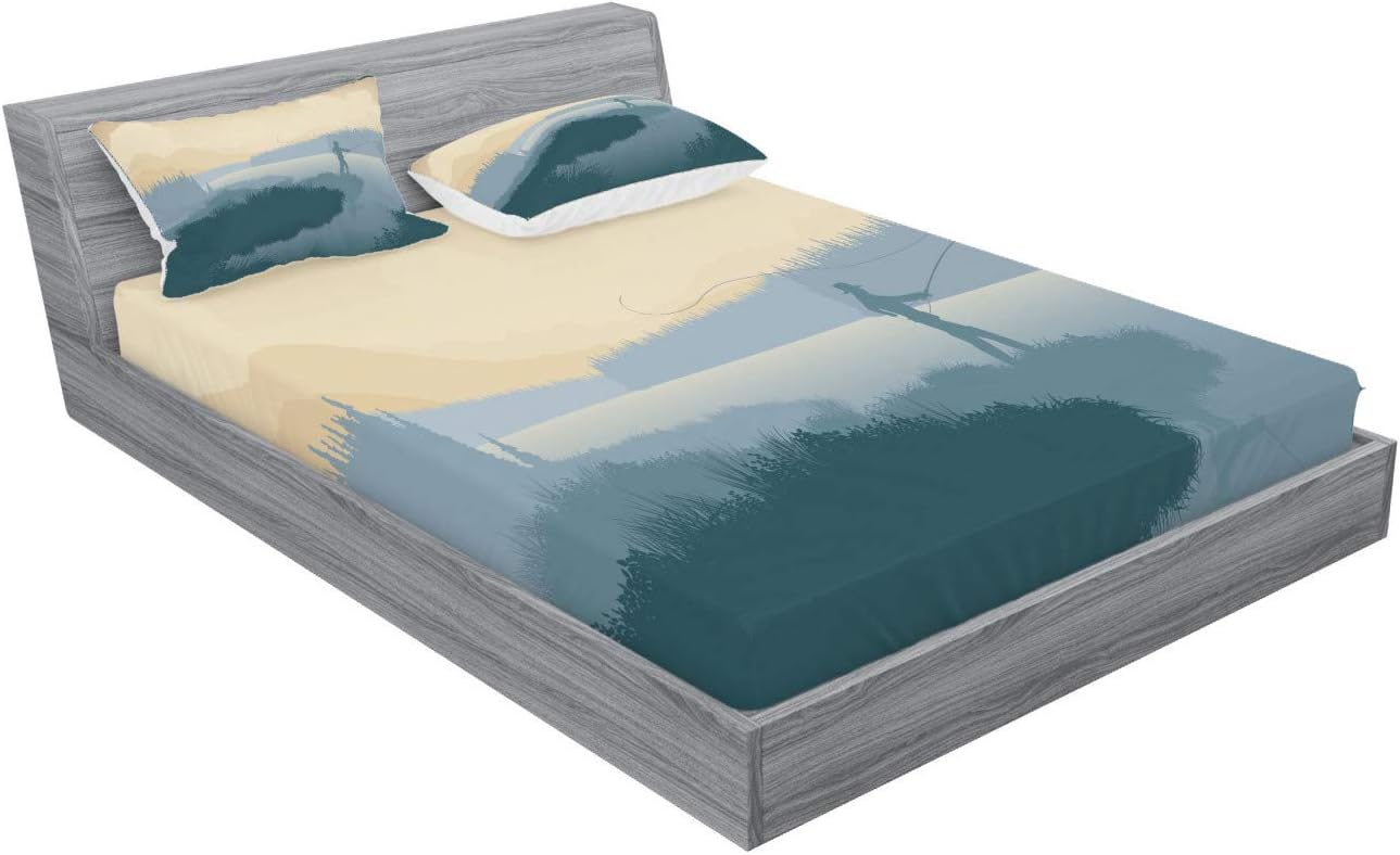 Lunarable Juego de sábanas bajeras y fundas de almohada, ilustración de un pescador pescador en el paisaje brumoso salvaje, estampado decorativo,