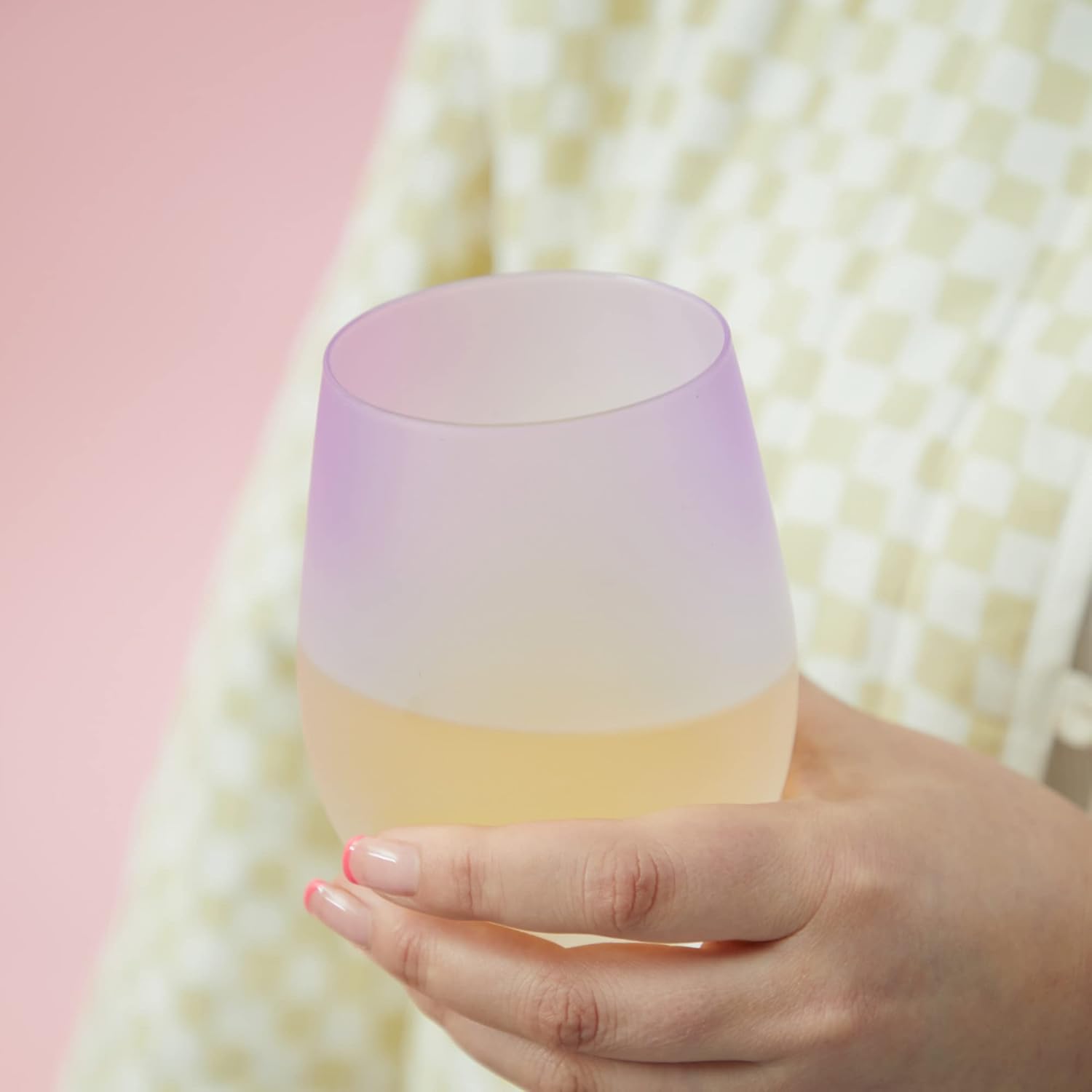 Blush Copas de vino esmeriladas sin tallo en rosa, morado, amarillo y verde, coloridas de 12 onzas, juego de 4