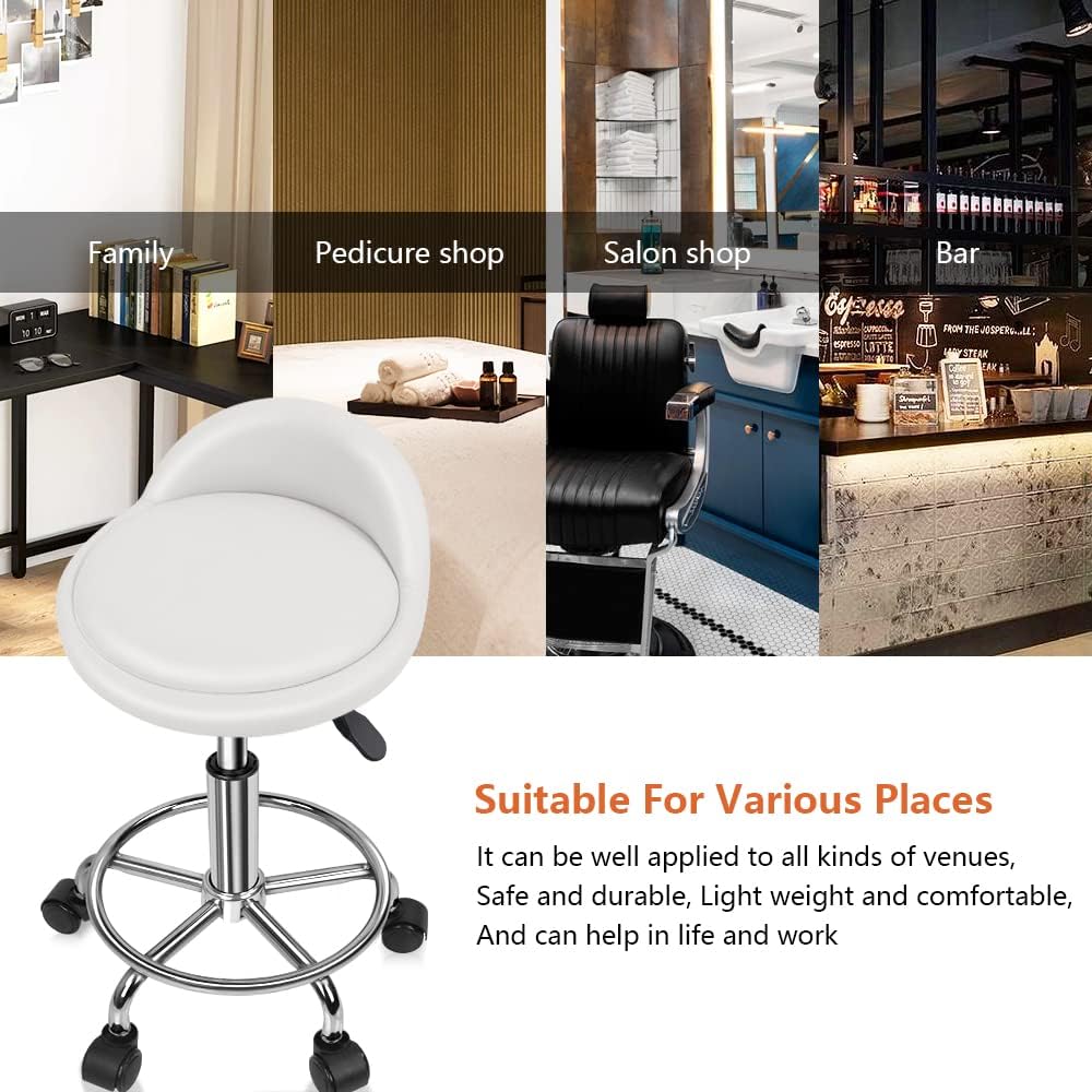 KKTONER Taburete rodante redondo de cuero sintético con reposapiés, altura ajustable, giratoria, trabajo, SPA, silla de tareas con ruedas (blanco)