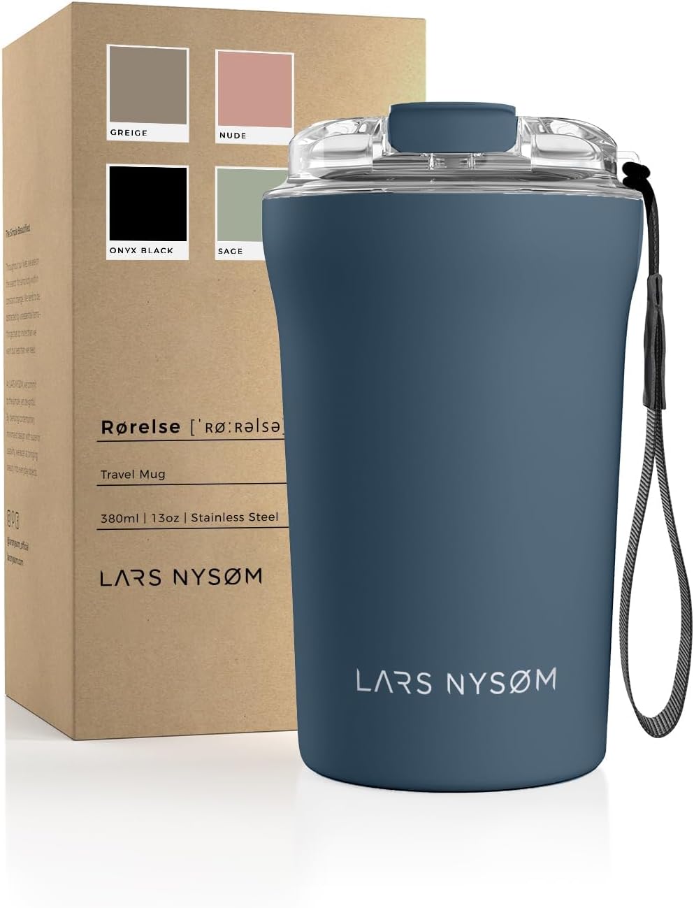 LARS NYSØM Thermo Taza de café con correa de 13 onzas, taza de viaje sin BPA de 0.38 litros con aislamiento, taza térmica de acero inoxidable a