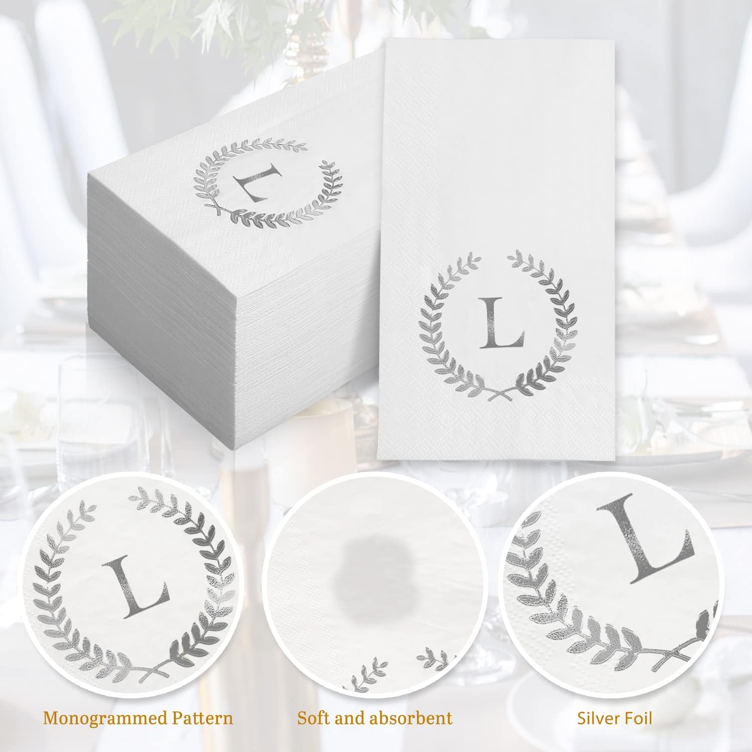 Paquete de 200 servilletas desechables con monograma de papel de aluminio plateado con letra L, toallas de papel desechables para boda, compromiso,