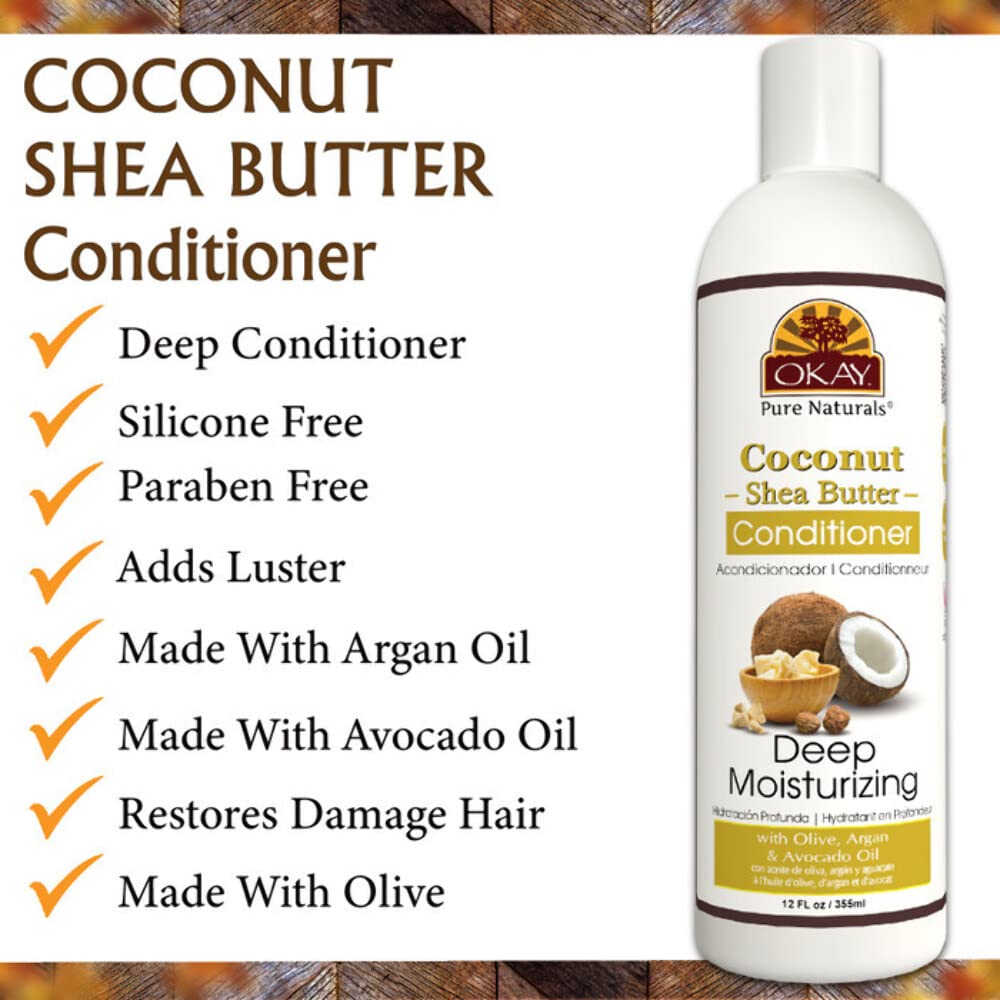 OKAY  Acondicionador de coco y manteca de karité  Para todo tipo de cabello y texturas  Fortifica – Fortalece – Revitaliza  Con aceite de oliva,