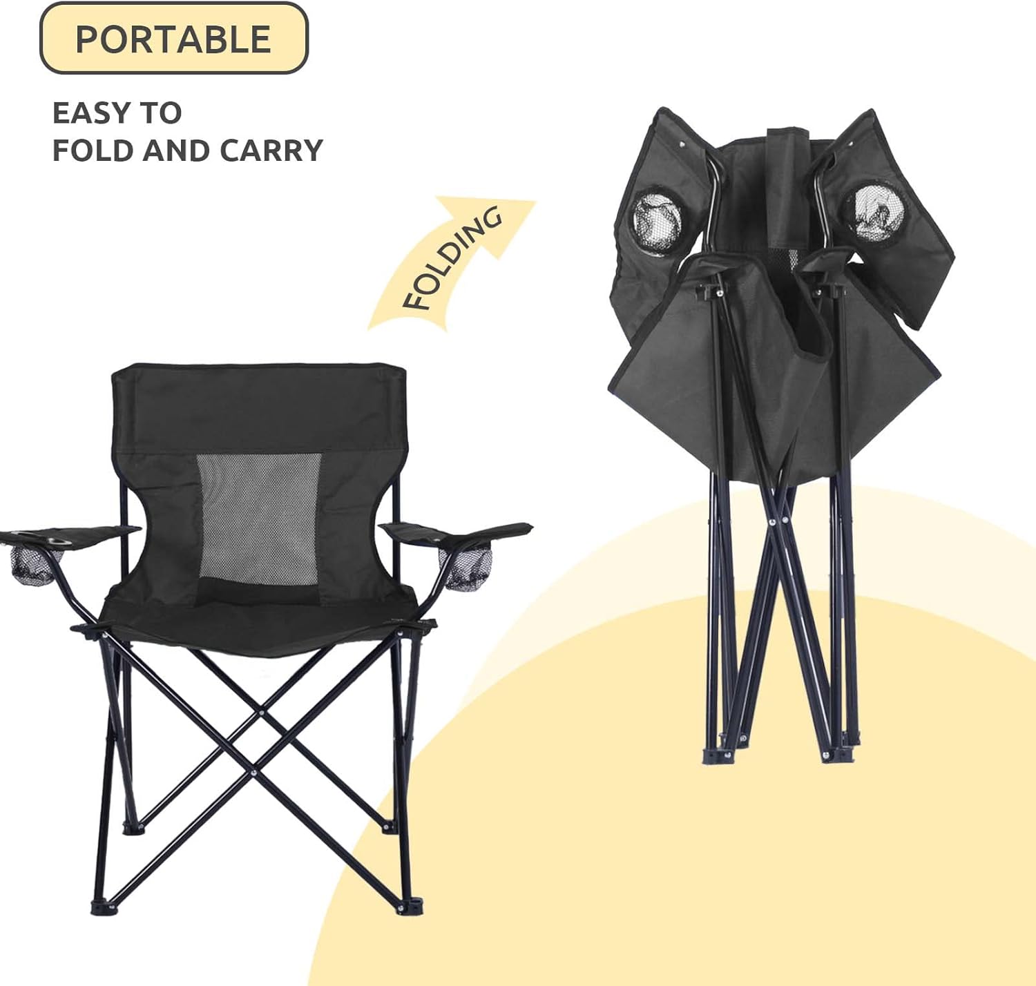 ONENESS Silla de camping, silla de pesca plegable portátil para picnic al aire libre con 2 portavasos para pesca, deportes, playa y camping