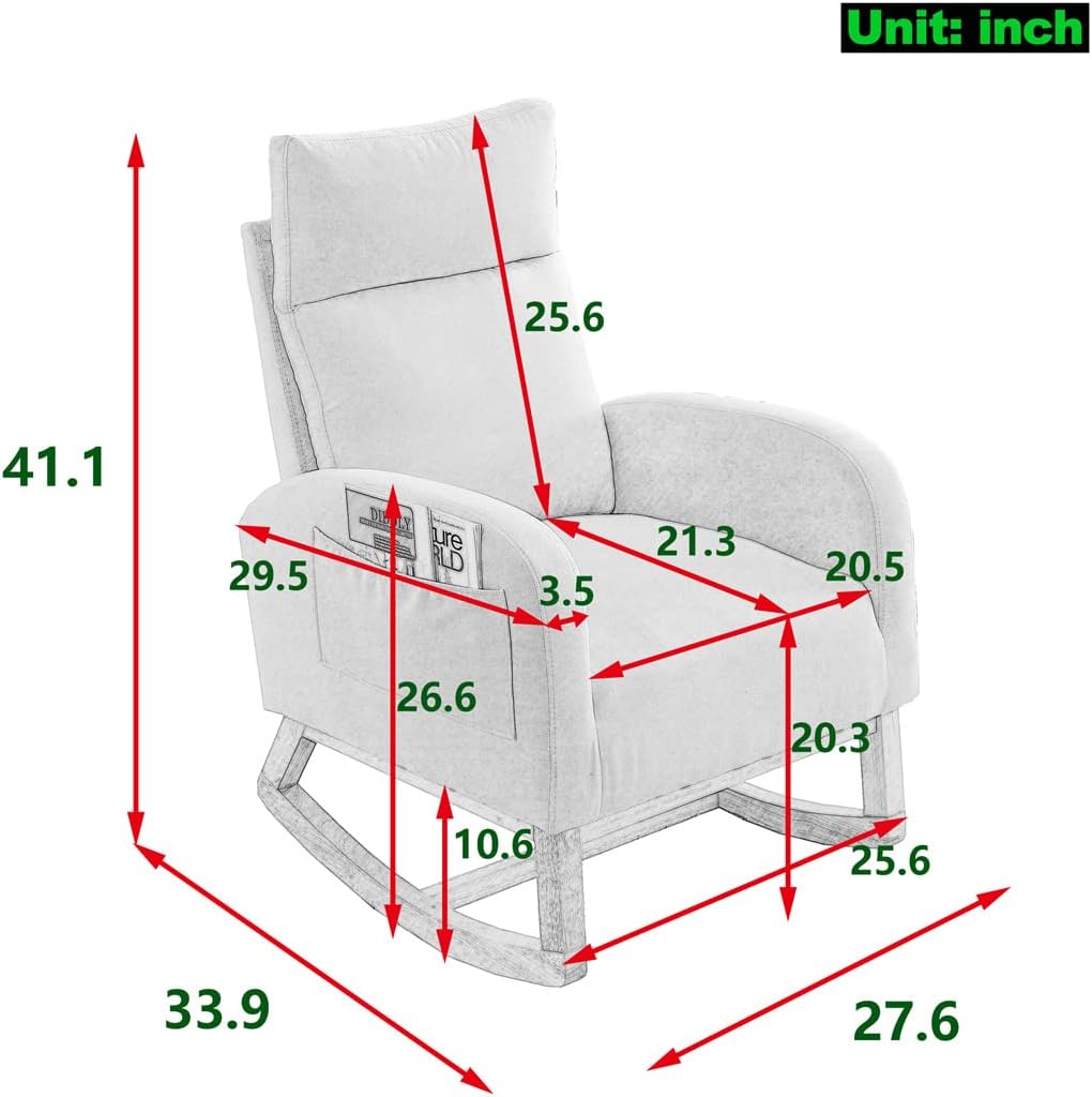 Mecedora de tela, silla de guardería, moderna silla mecedora tapizada con respaldo alto, cómoda mecedora con asiento acolchado y base de madera,
