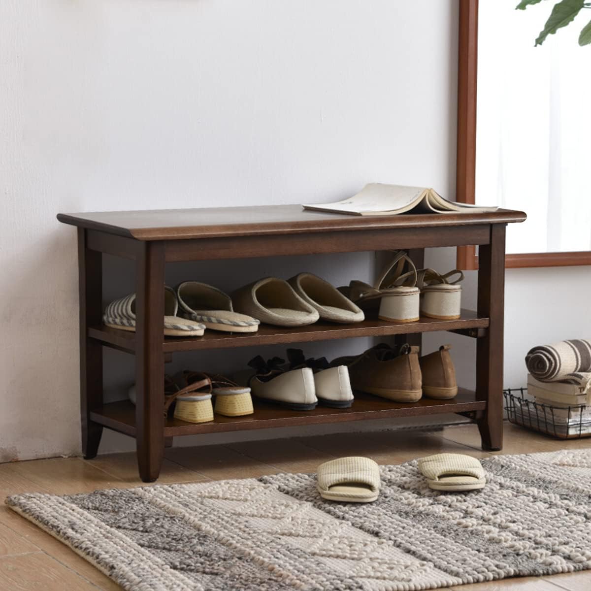 Banco de zapatos, banco de almacenamiento de zapatos de madera, banco de entrada, banco de zapatos de madera de 3 niveles, estante para zapatos para