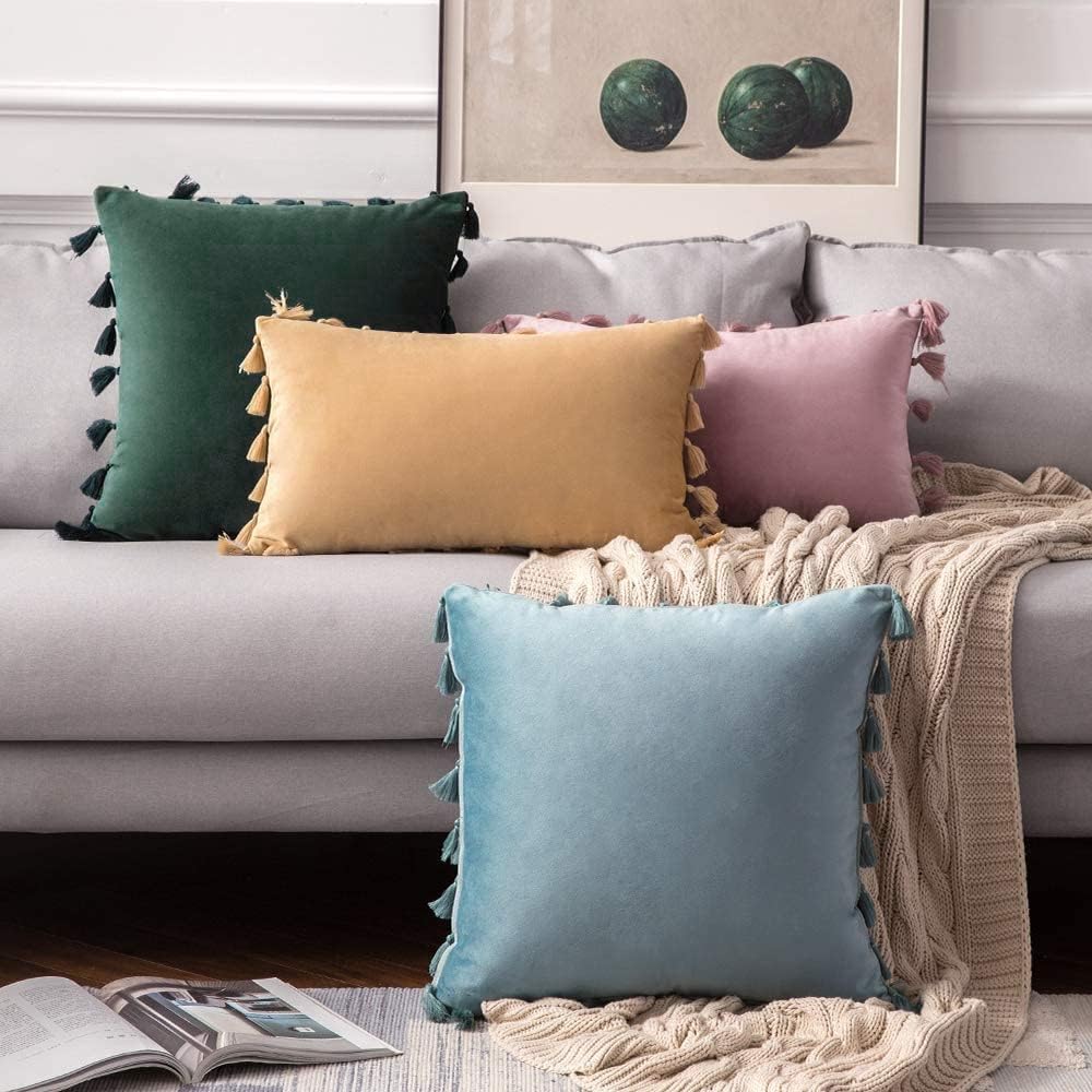 MIULEE – Paquete de 2 fundas de cojín decorativas lisas, de terciopelo suave con borlas y flecos, decoración bohemia para sillón, cama, sofá, de