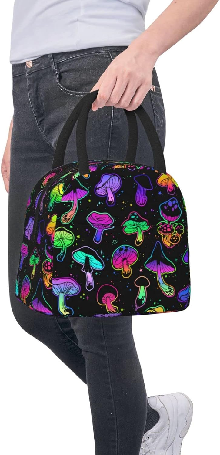 Fiambrera de hongos psicodélicos brillantes, reutilizable, aislada, impermeable, con cierre de cremallera de bolsillo, para mujeres, hombres,