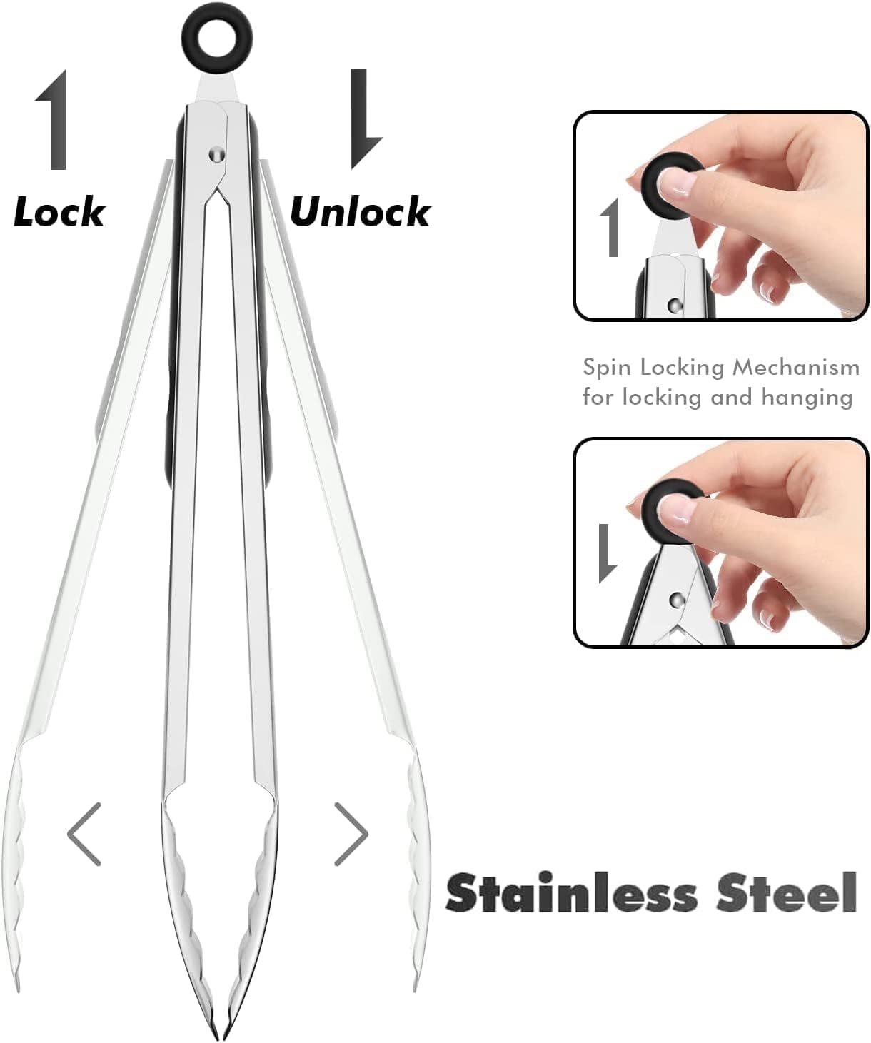 ChefAide Pinzas de cocina, juego de 2 pinzas de acero inoxidable, pinzas de cocina, pinzas para alimentos, utensilios de cocina, utensilios de