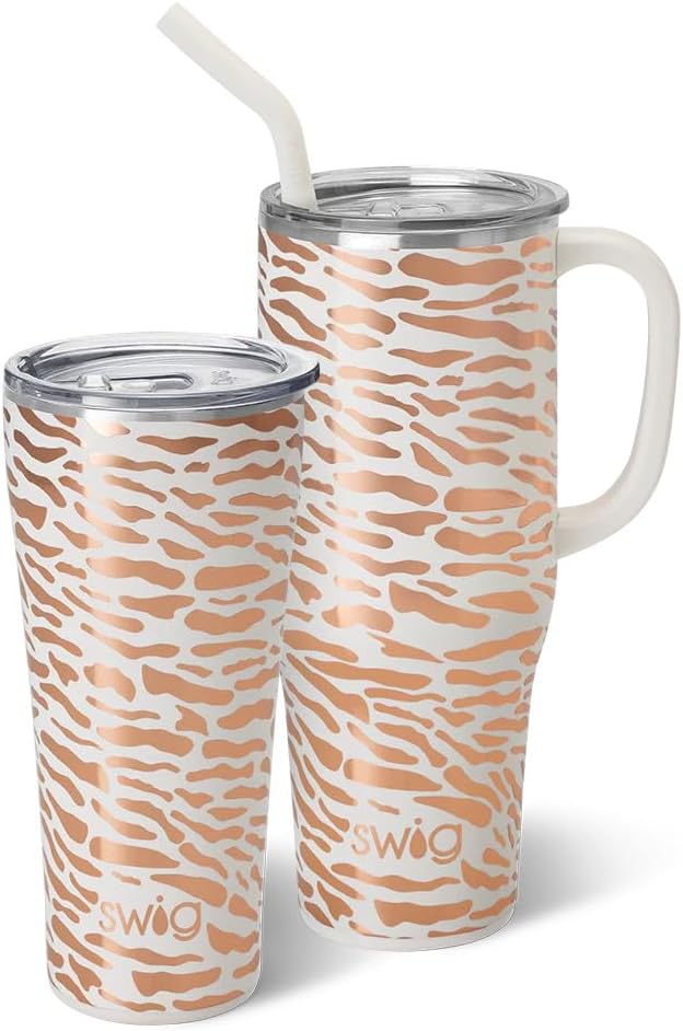 Swig Life Glamazon Rose Mega Set  Taza de viaje de 40 onzas con asa y tapa + vaso con triple aislamiento de 32 onzas con tapa, acero inoxidable,