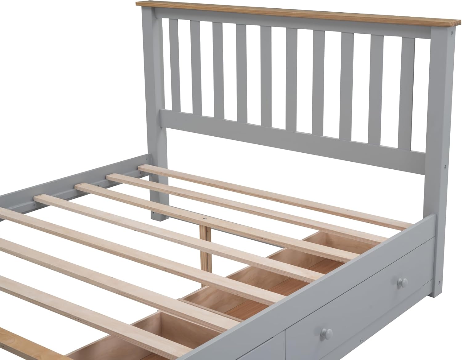 Merax Cama de plataforma tamaño Queen, plataforma de madera con 2 cajones y soporte de listones de madera, gris + natural