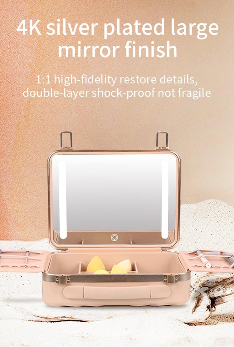 NJ GLAM Estuche de maquillaje con espejo iluminado recargable con almacenamiento inteligente, espejo de tres modos de luz, Blanco, Moderno y elegante