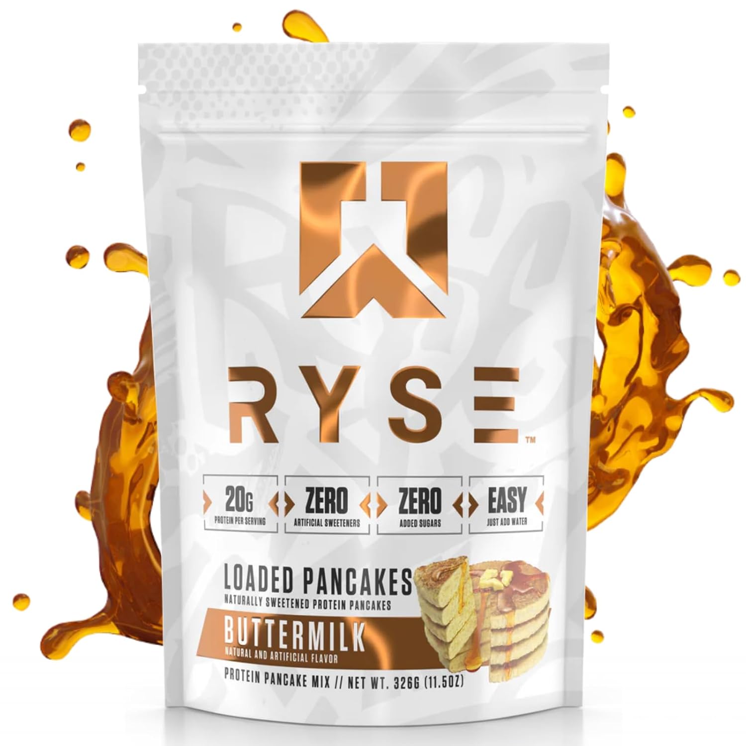 RYSE – Panqueques de proteína cargados  Mezcla de proteínas naturalmente endulzadas para panqueques  cero azúcares añadidos  0.78 onzas de proteína