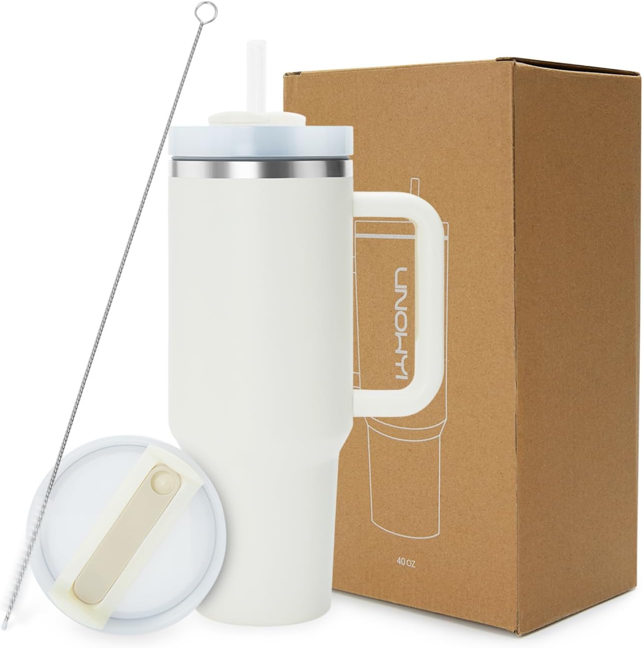 Vaso de 40 onzas con asa y tapa con pajilla, vaso de acero inoxidable aislado al vacío, taza de viaje para agua, té helado o café, batido, regalos