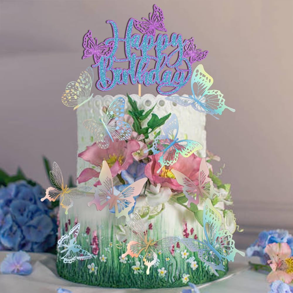 WRACKKIAR 13 Pcs Butterfly Cake Topper-Butterfly Happy Birthday cake topper-Girls Women’s Birthday Cake Party Decorations-Birthday Wedding Party