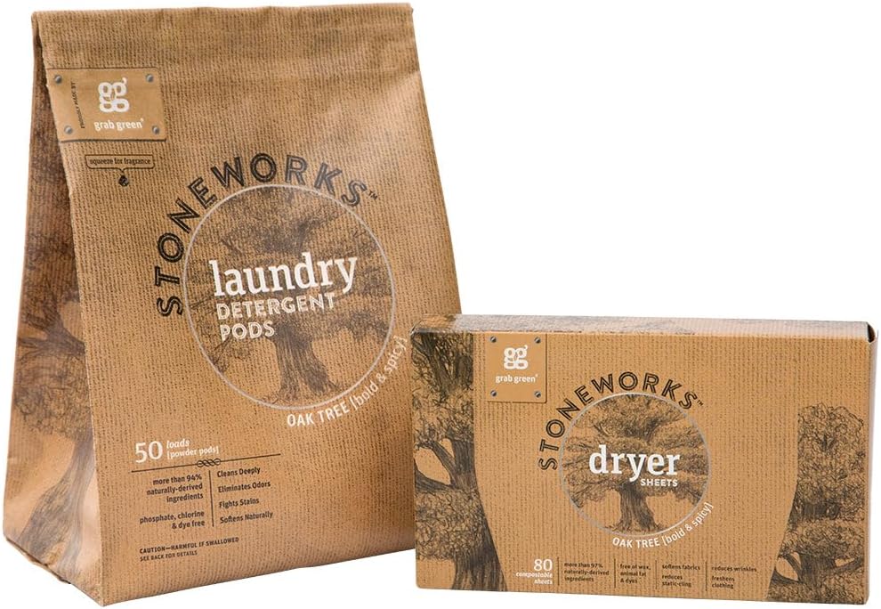 Grab Green Stoneworks – Paquete de cápsulas de detergente para ropa y hojas de secadora, 50 cápsulas y 80 hojas de secadora, aroma a árbol de roble,