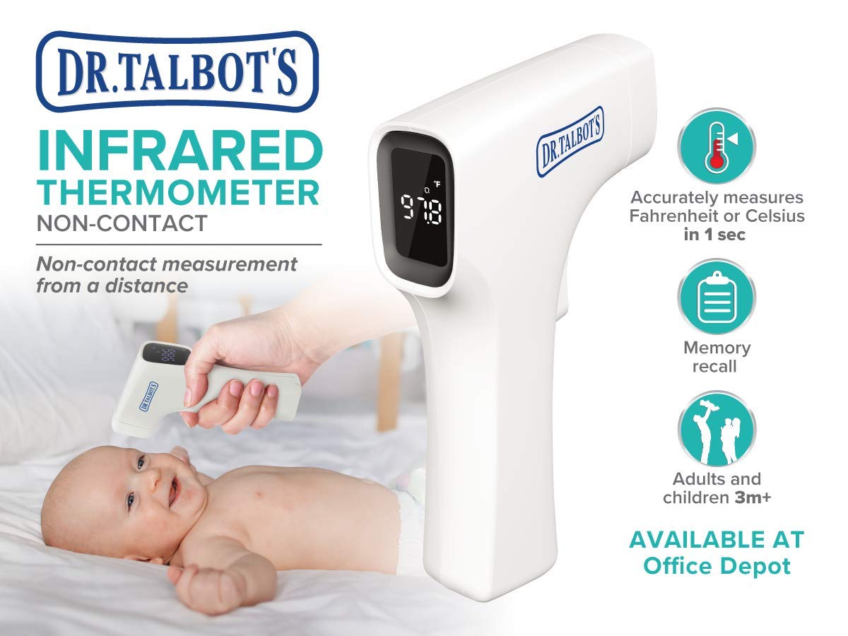 Dr. Talbot’s Easy Handle – Termómetro infrarrojo sin contacto con pantalla LED, indicador de advertencia de fiebre, lectura precisa en 1 S para