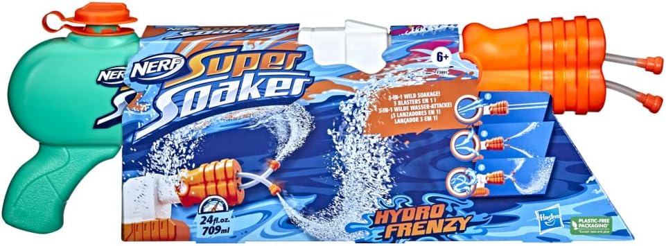 SUPERSOAKER – Blaster de agua Nerf Super Soaker Hydro Frenzy , diversión sin límites 3 en 1, boquilla ajustable, 2 tubos de lanzamiento de agua,