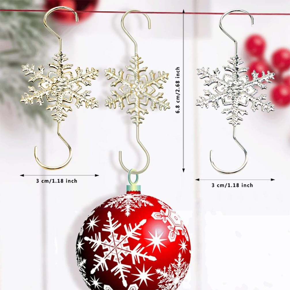 Ganchos de adorno para colgar decoraciones de Navidad, 20 ganchos dorados en forma de S de copo de nieve para colgar árbol de Navidad, ganchos de