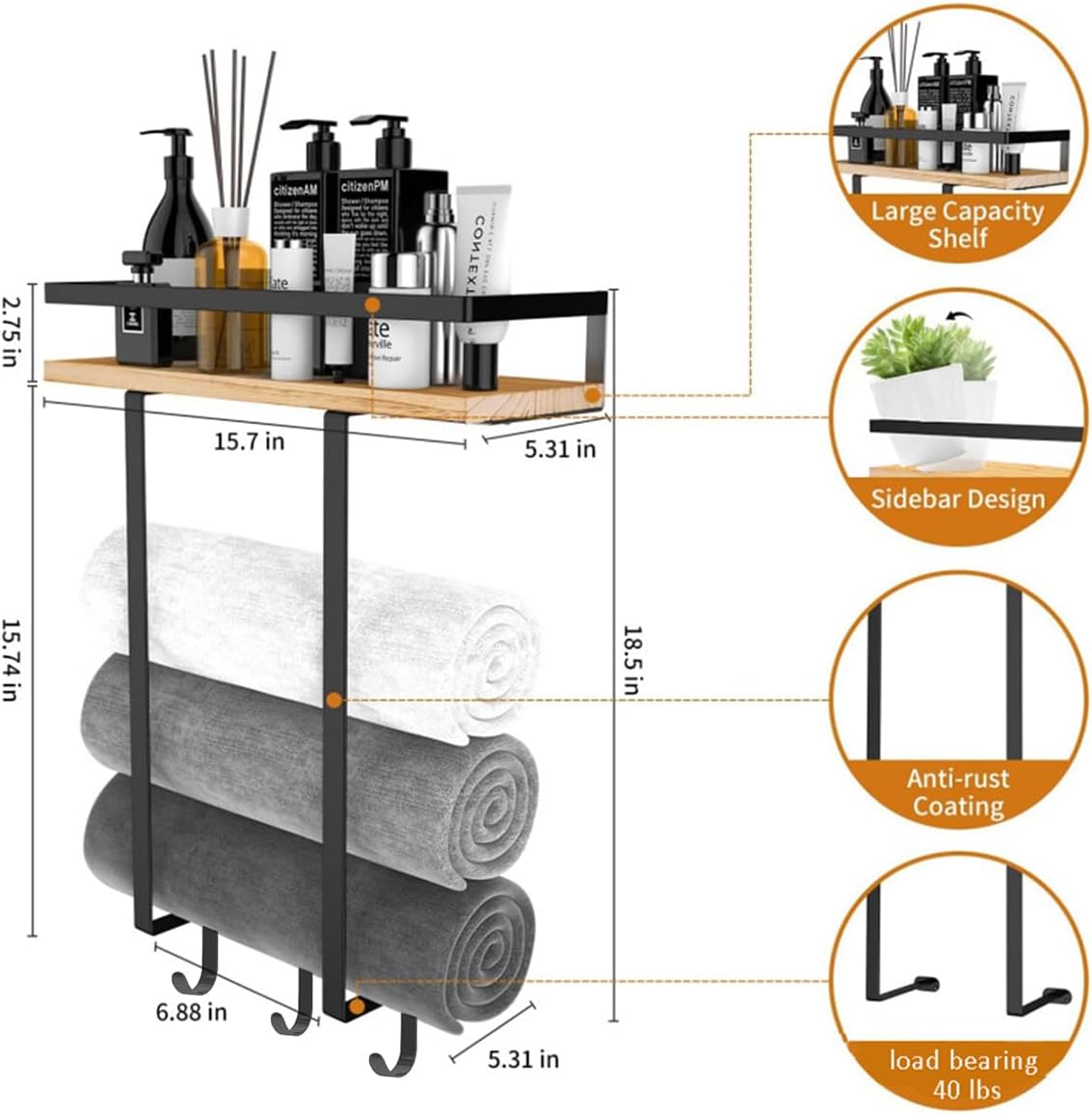 Toalleros para baño montado en la pared, soporte para toallas de baño con estante de madera, organizador de almacenamiento de toallas de pared,