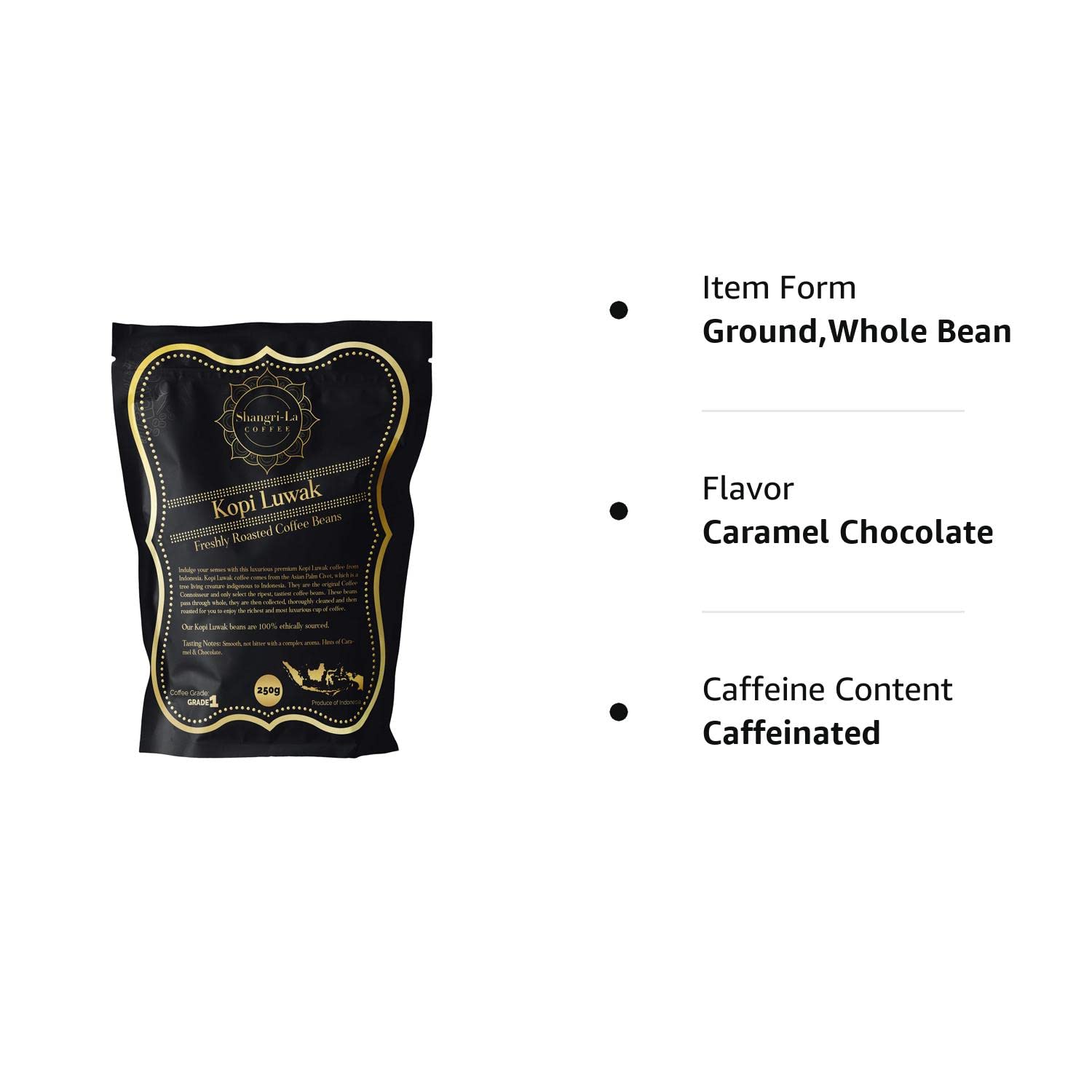 Shangri-La Coffee – Café Wild Kopi Luwak – De origen sostenible (de Indonesia) – Granos enteros y granos molidos en varios pesos disponibles