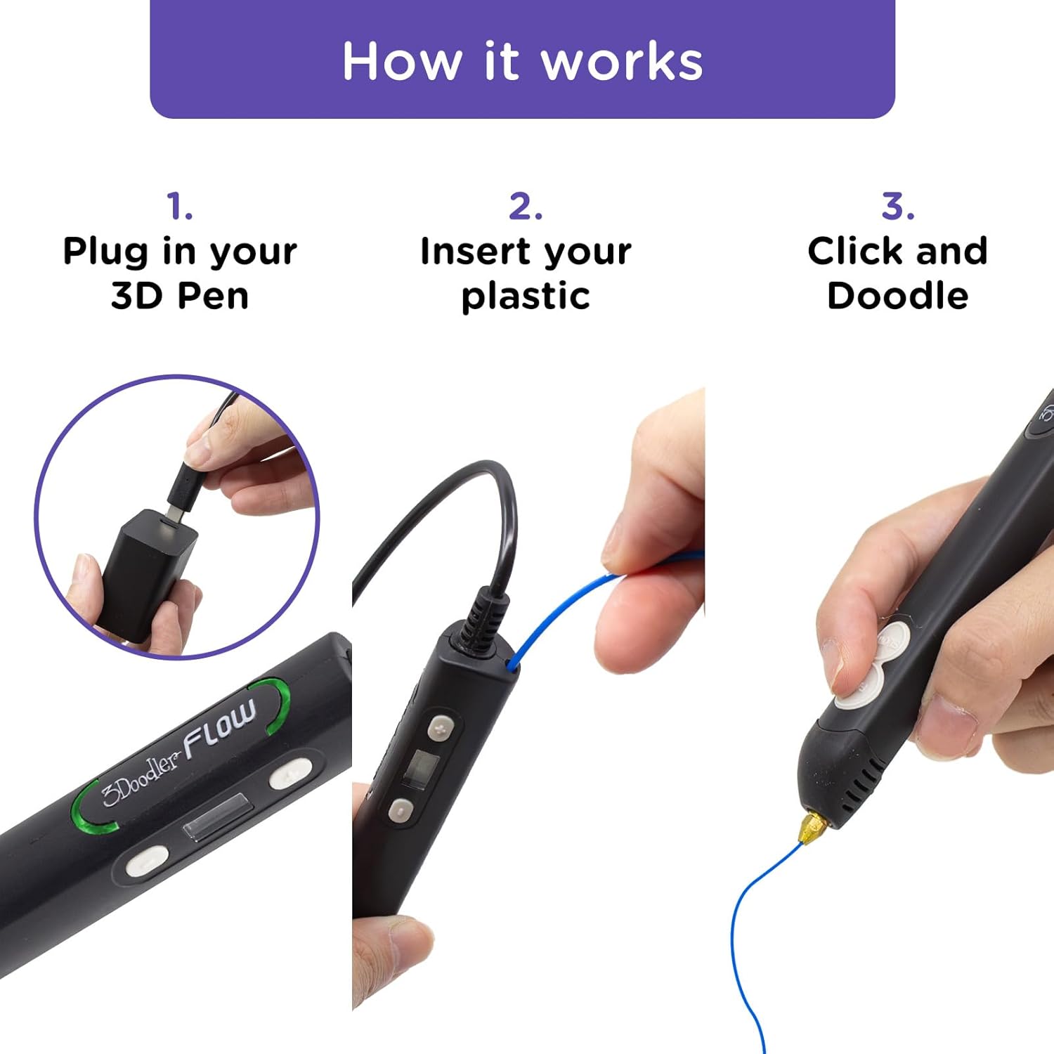 3Doodler Bolígrafo de impresión 3D Flow para adolescentes, adultos y creadores. – Negro – con filamentos de recarga gratis + libro de plantillas +