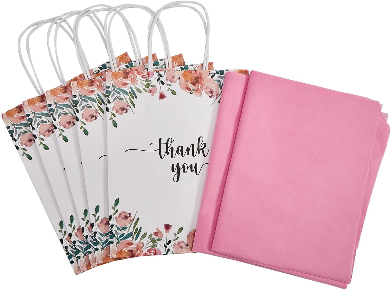 Paquete de 50 bolsas de regalo de papel de agradecimiento blancas y florales de primavera medianas con asas de 10 x 8 x 4 pulgadas y papel de seda
