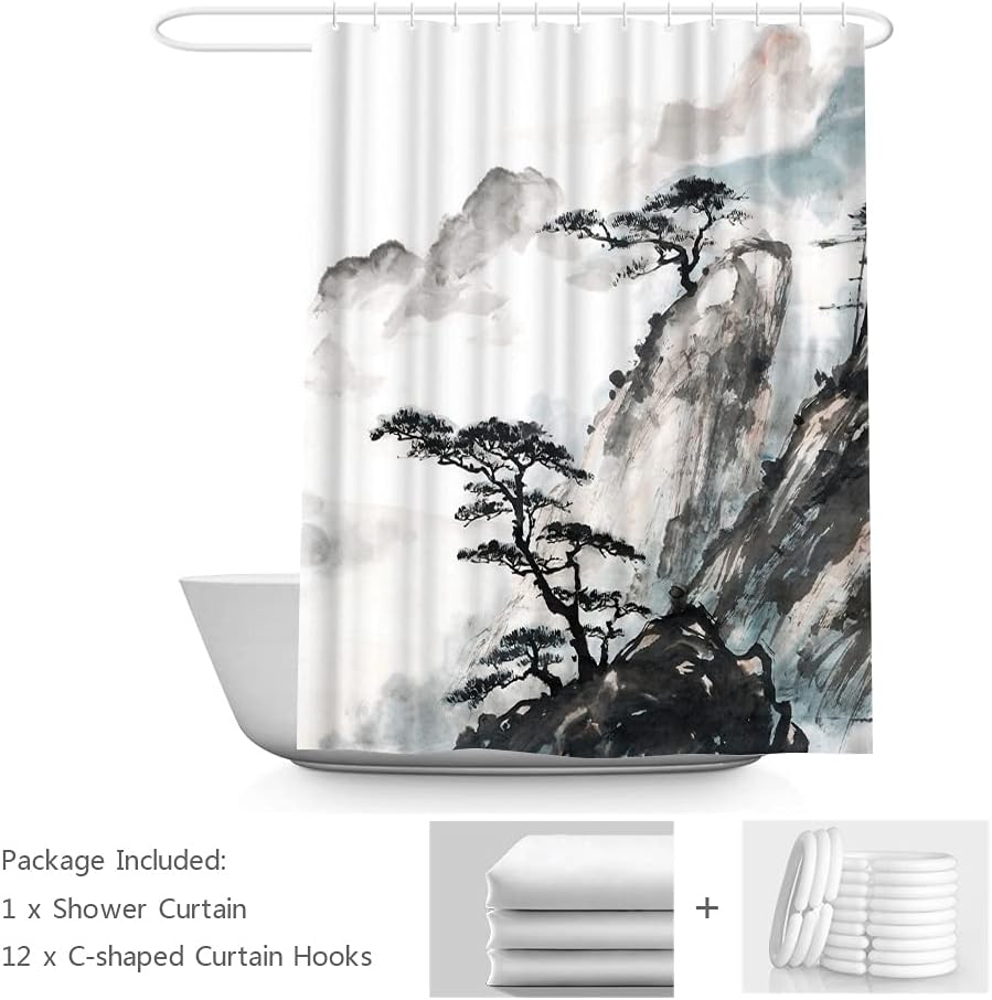 Wallall Cortina de baño con pico de montaña y pino, cortina de baño de paisaje natural, cortina de baño china tradicional con acuarela, juego de