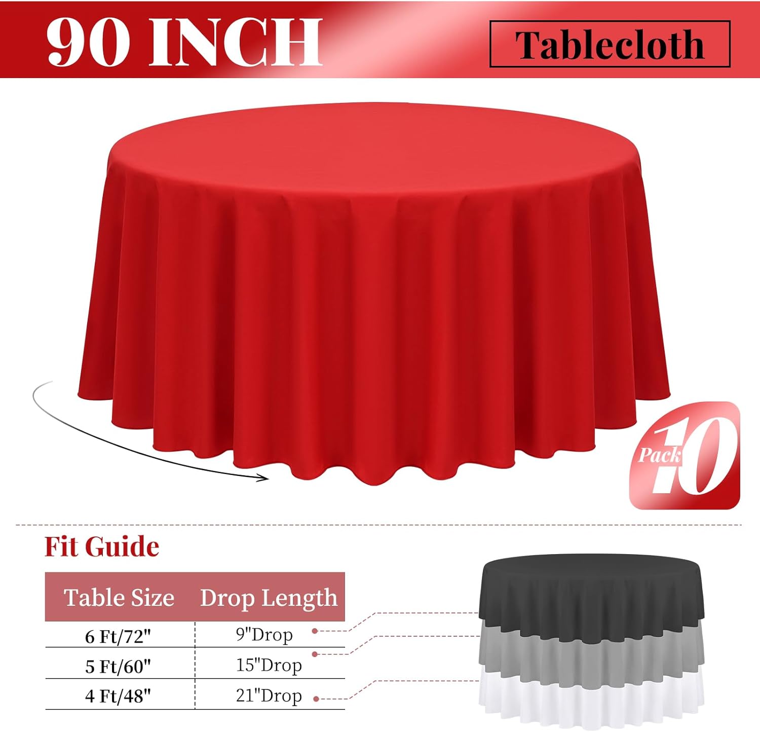 fani Paquete de 10 manteles redondos de 90 pulgadas, mantel de tela de poliéster rojo para mesa redonda, lavable a manchas y arrugas, para bodas,