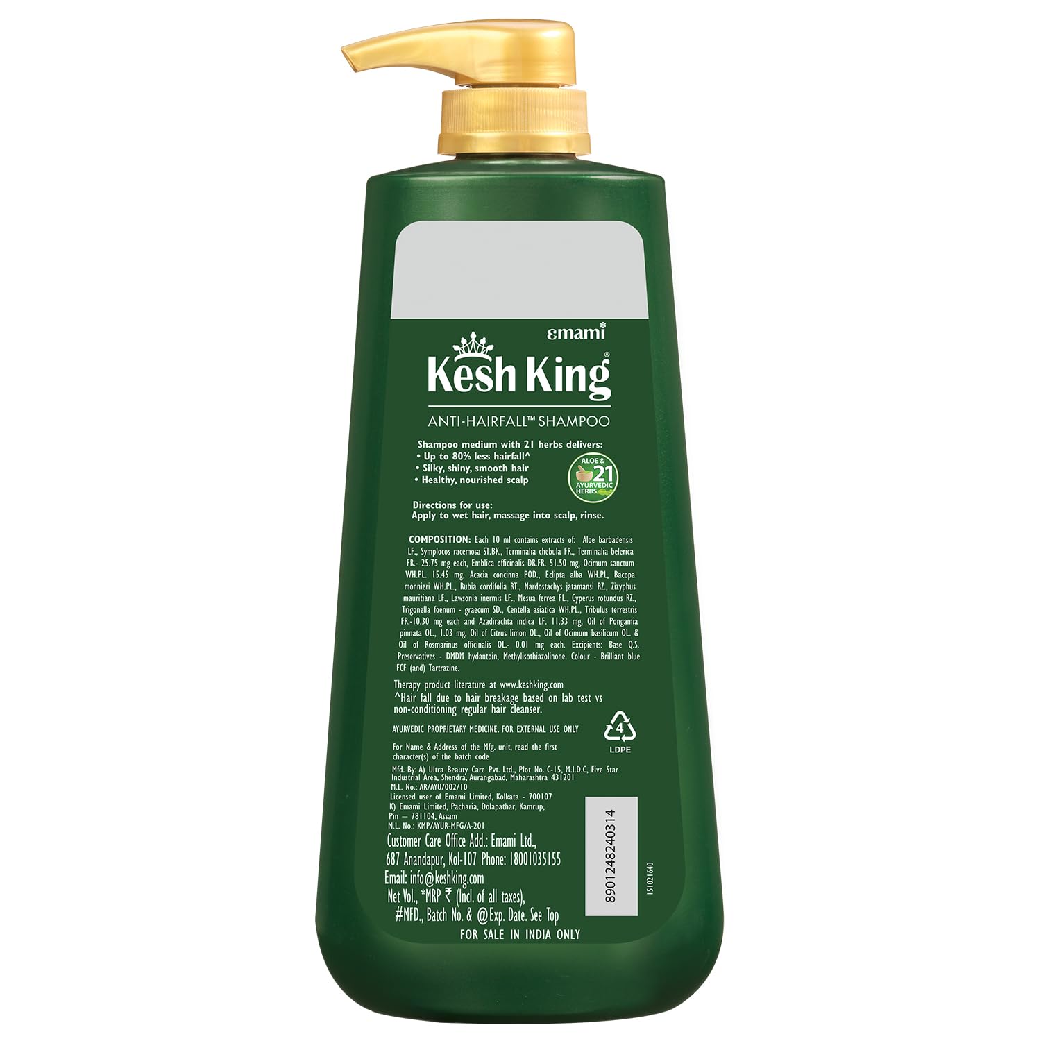 Emami Kesh King Ayurvedic – Champú anti caída de cabello que reduce la caída, 21 ingredientes naturales con la bondad del aloe vera, bhringraja y
