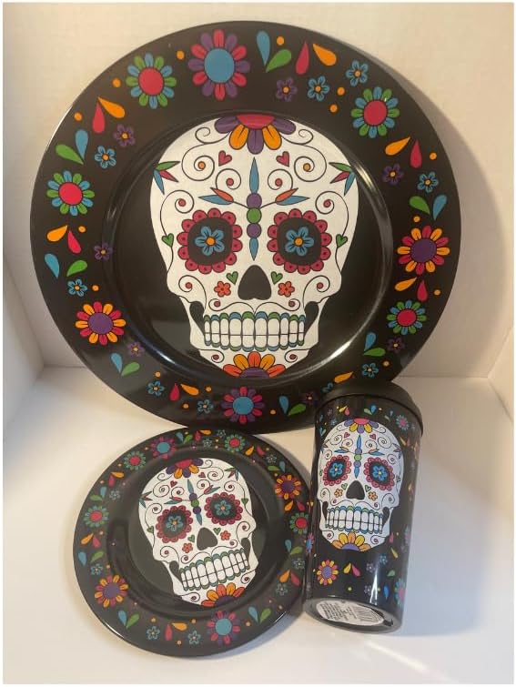 SCR8VE – Juego de plato, platillo y vaso del Día de los Muertos, plato decorativo para aperitivos y aperitivos con calavera de azúcar, platos