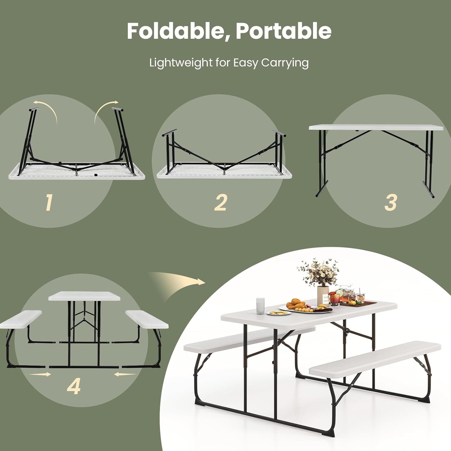 Tangkula Mesa de picnic plegable con 2 bancos, juego de mesa de campamento de metal para exteriores con textura de plástico similar a la madera y
