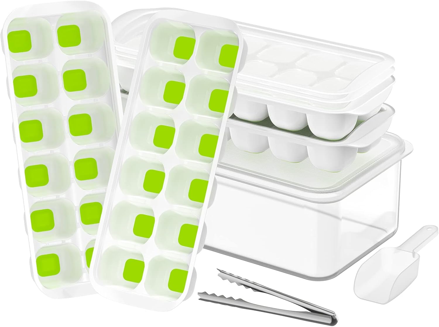 ICEXXP Paquete de 4 bandejas para cubitos de hielo con tapa y contenedor, bandejas de cubitos de hielo para congelador con caja de hielo, bandejas