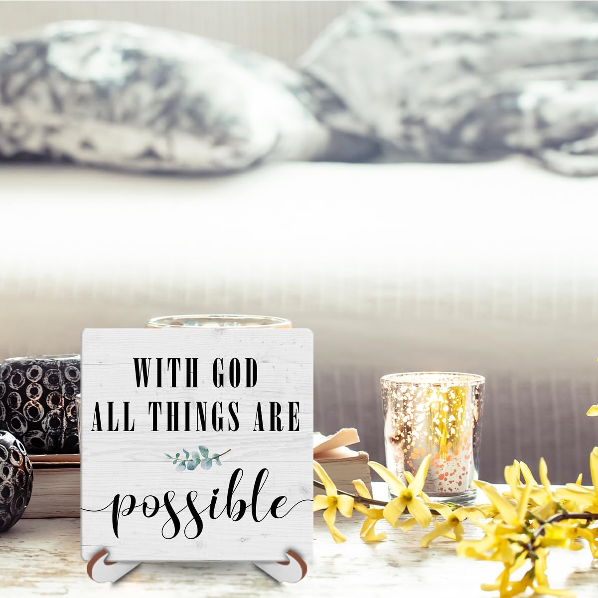 Escritura bíblica cristiana con Dios Todas las cosas son posibles, decoración rústica de escritorio, letrero de madera, placa religiosa y decorativa