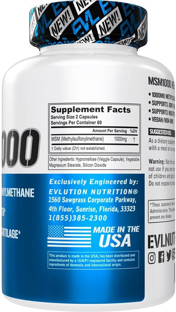 Evlution Nutrition MSM1000-1000 MG Suplemento MSM de metilsulfonilmetano  Apoyo a la salud de las articulaciones  Suplemento para cartílago  Vegano