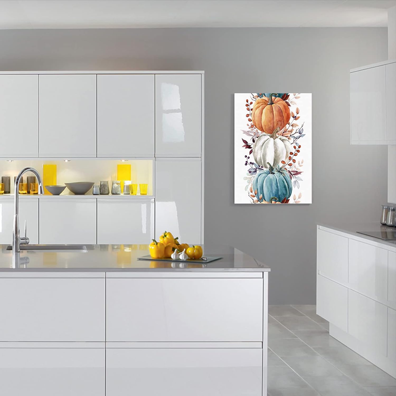 Decoración de pared, lienzo de Acción de Gracias con hojas de eucalipto azul y naranja, arte de pared para dormitorio, sala de estar, baño, cocina,
