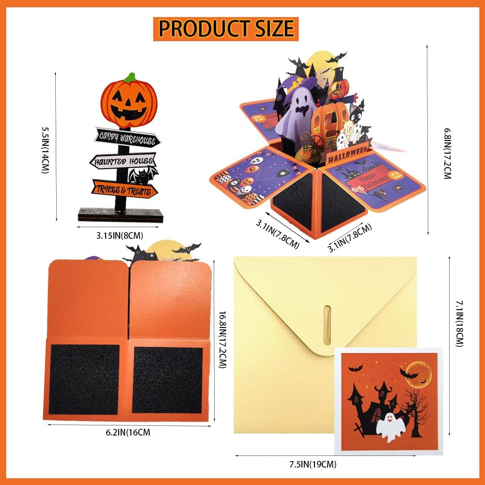 Tarjeta desplegable de Halloween, 3D de casa encantada, fantasma, calabaza, tarjetas para fiesta de Halloween con sobres, etiqueta de notas y
