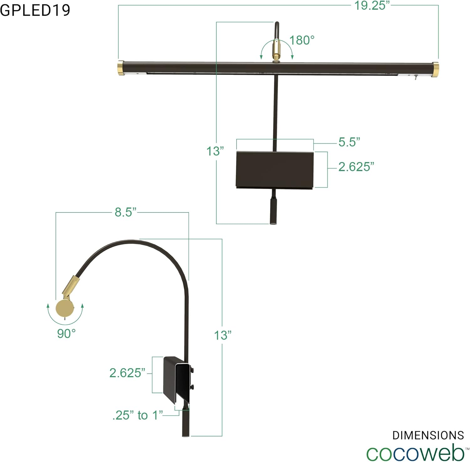 Cocoweb Lámpara de clip LED de bajo consumo regulable regulable con pantalla de luz giratoria – Bronce caoba con detalles de latón – GPLED19MBD