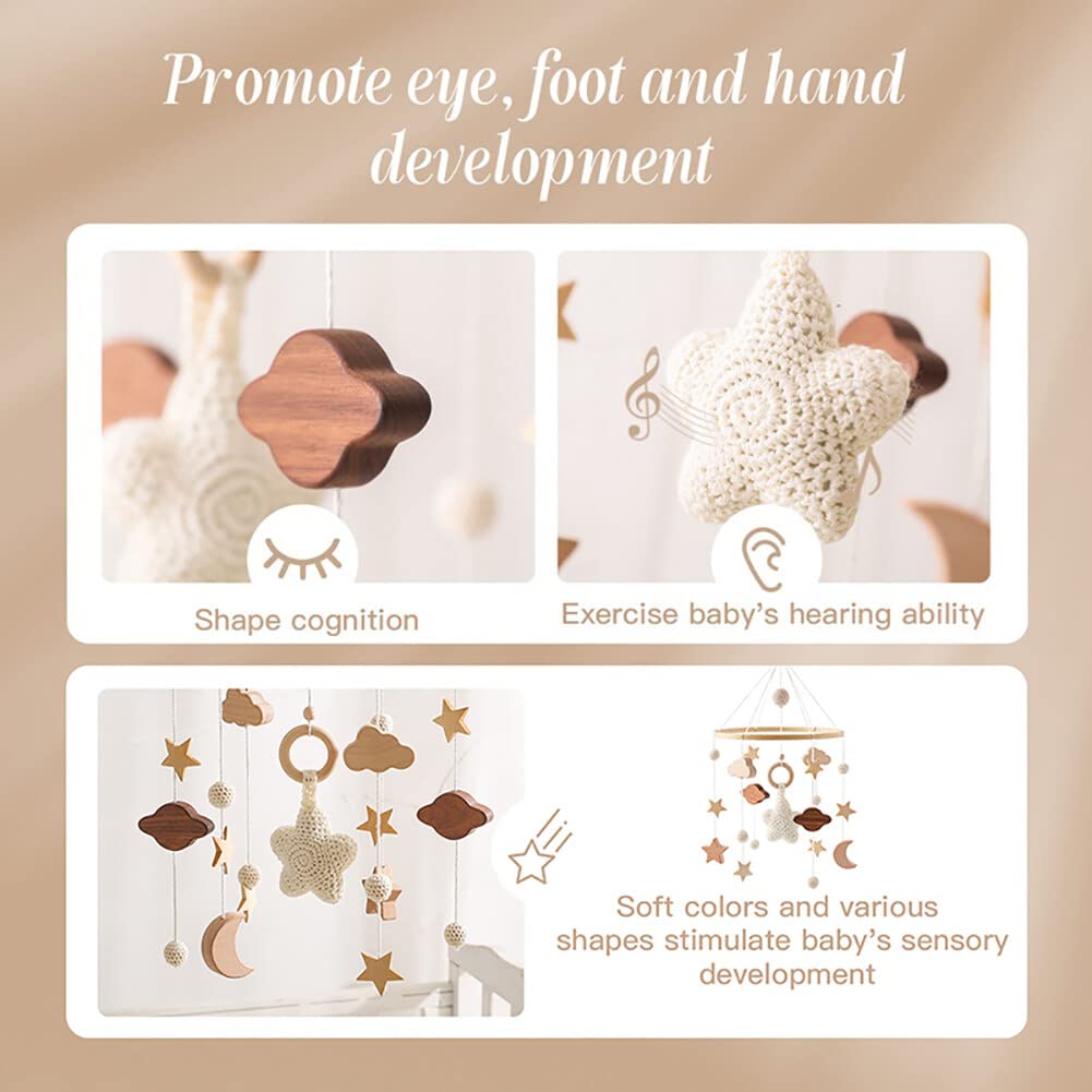 Móvil de bebé para cuna, luna y estrellas, nube, campanilla de viento de madera, campana de cama para cuna, móvil para cuna bohemia para niñas y