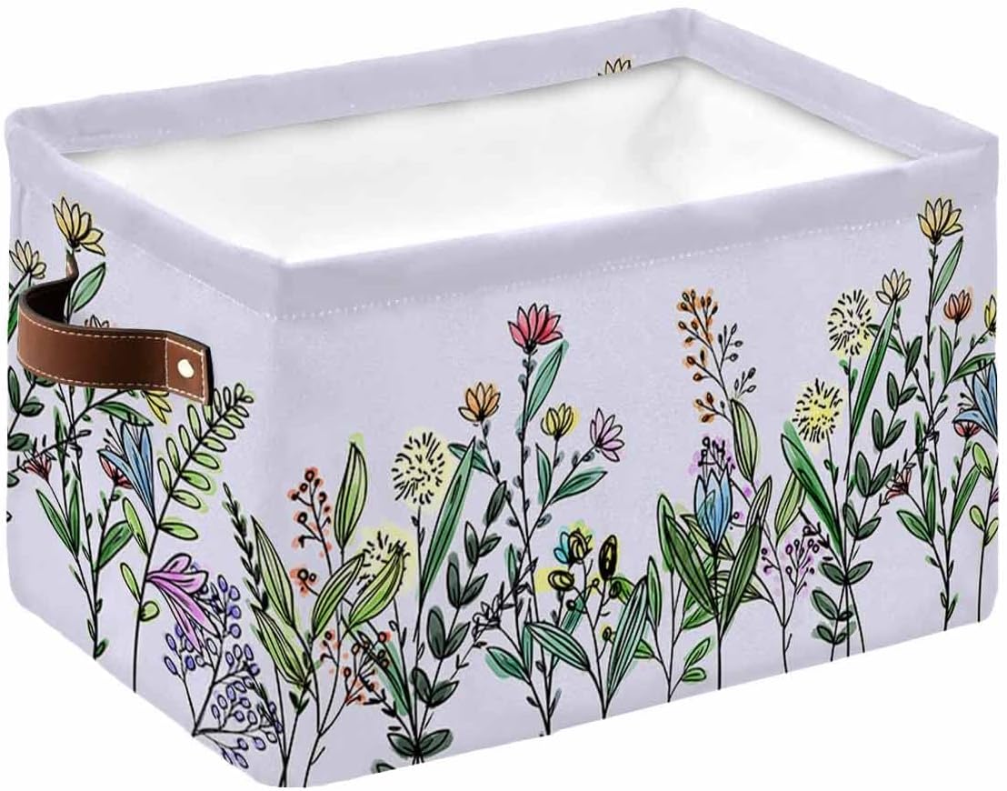 Cesta de almacenamiento floral de primavera para organizar estantes, cajas de almacenamiento plegables con asa, flores botánicas vintage moradas
