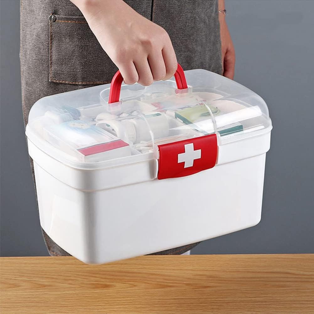 Caja médica, caja de primeros auxilios con mango portátil, kit de emergencia familiar, bandeja desmontable, almacenamiento de 2 capas, caja de tapa