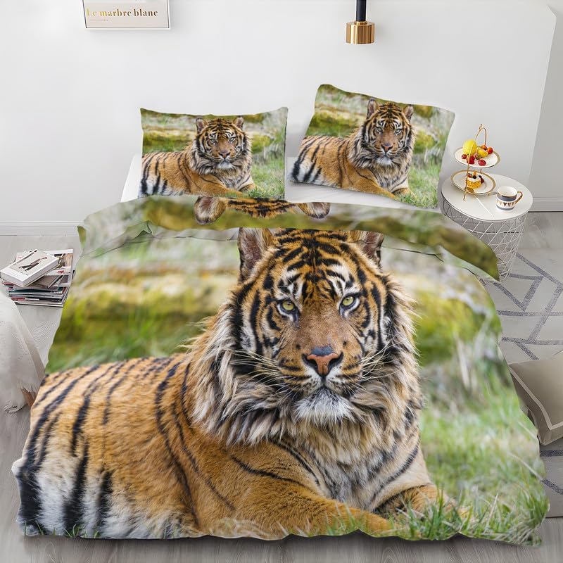 Tiger Green California King Duvet Cover Animal Print Bedding Soft Microfiber Comforter Cover and 2 Pillow Shams 20″X36″, Bed Set Duvet Covers with
