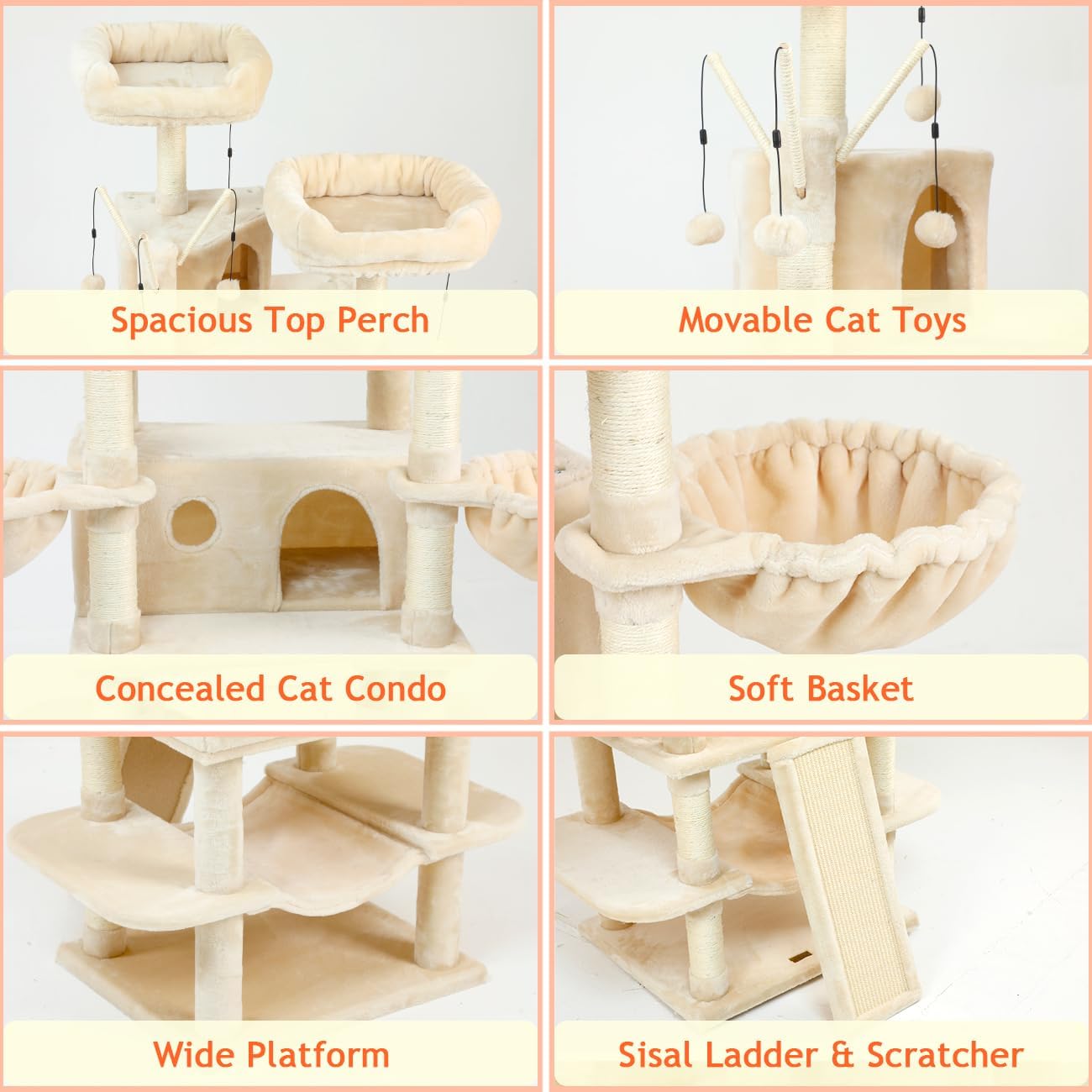 KZLAA Árbol grande para gatos de 69 pulgadas de alto, torre resistente para gatos de varios niveles, soporte de escalada para gatos de interior con