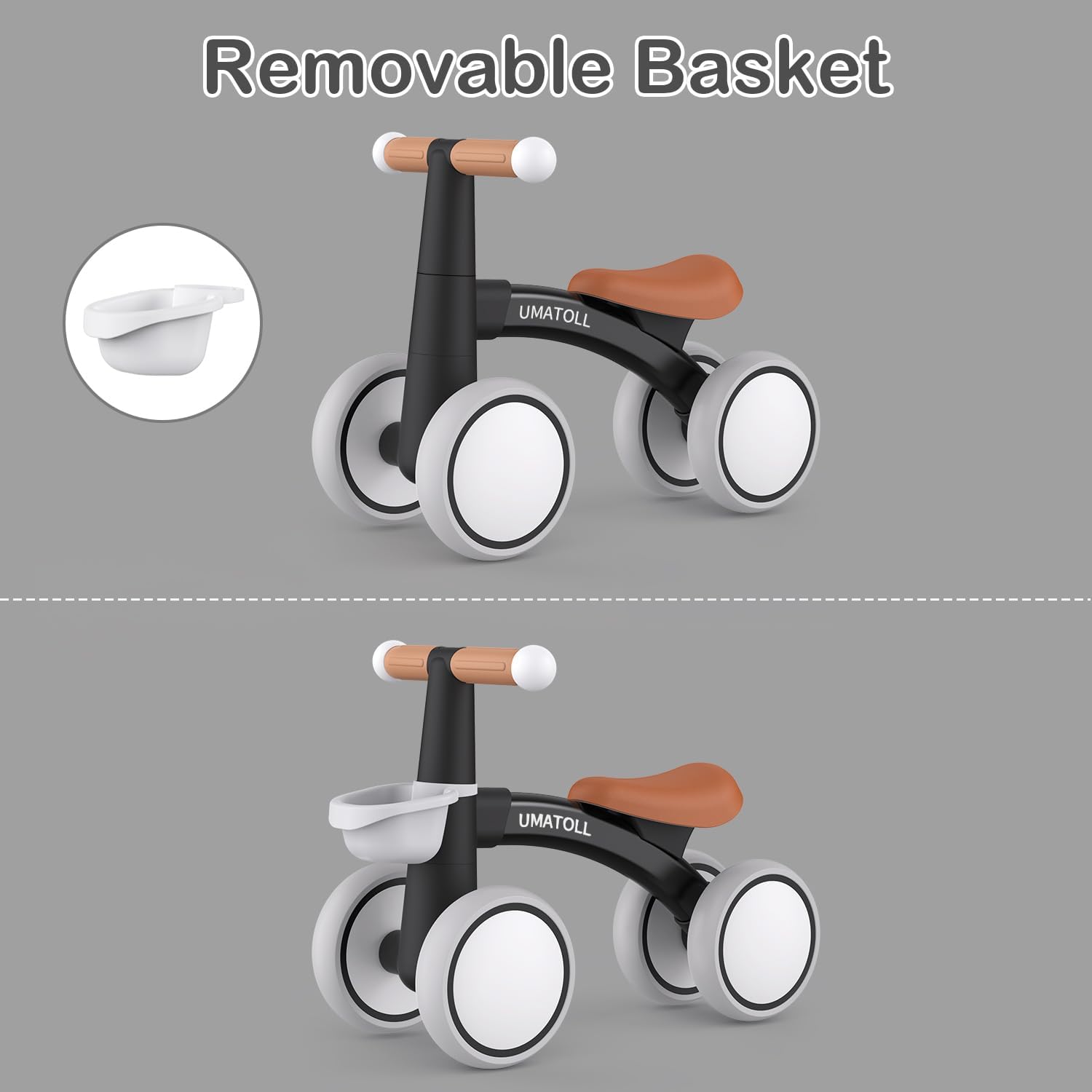 Umatoll Bicicleta de equilibrio de bebé para niños de 1 año, bicicleta de equilibrio para niños de 12 a 24 meses con canasta extraíble, asiento