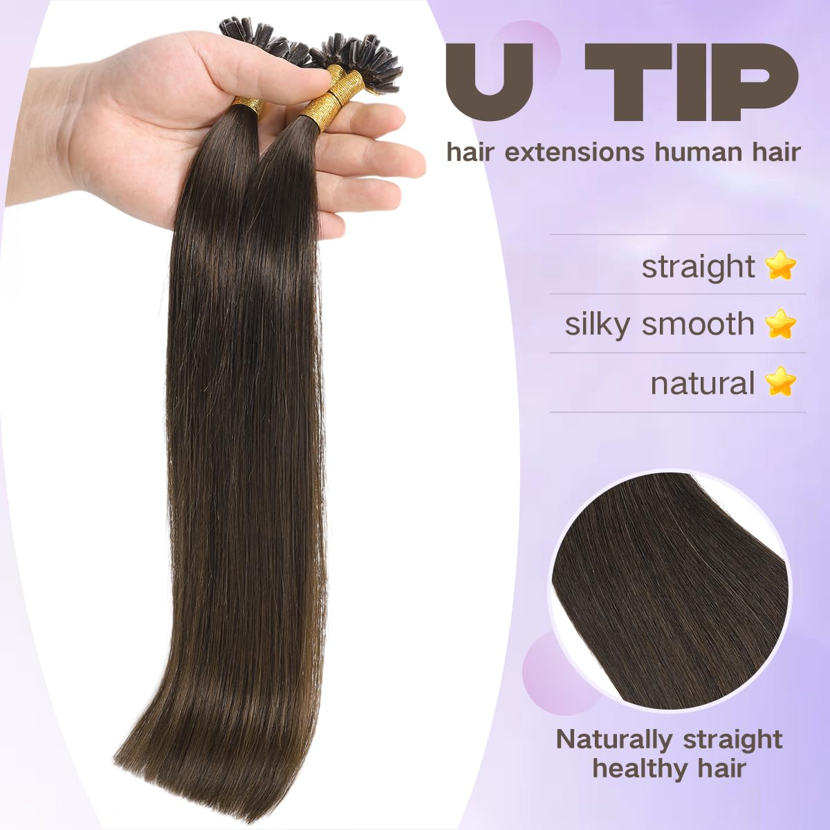 Sindra Puntas de extensiones de uñas, cabello humano real, color marrón oscuro, 18 pulgadas, 50 hebras, 1.76 oz, queratina en U, extensiones de
