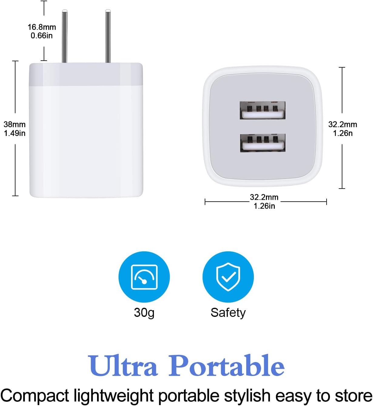 Cargador de pared USB, bloque de carga, paquete de 2 unidades de 2.1A5 V, enchufe de pared USB de doble puerto, adaptador de caja de carga para