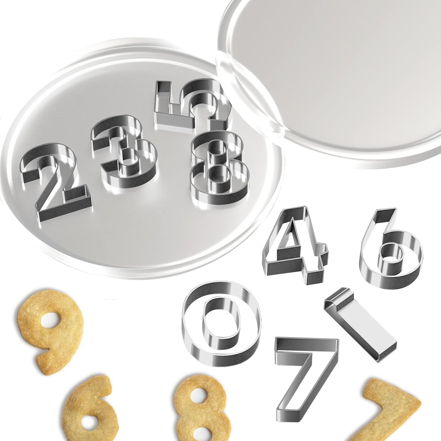 Juego de 9 cortadores de galletas de números pequeños de 1.7 pulgadas, de acero inoxidable, para decoración de tartas, con recortes, cortadores de