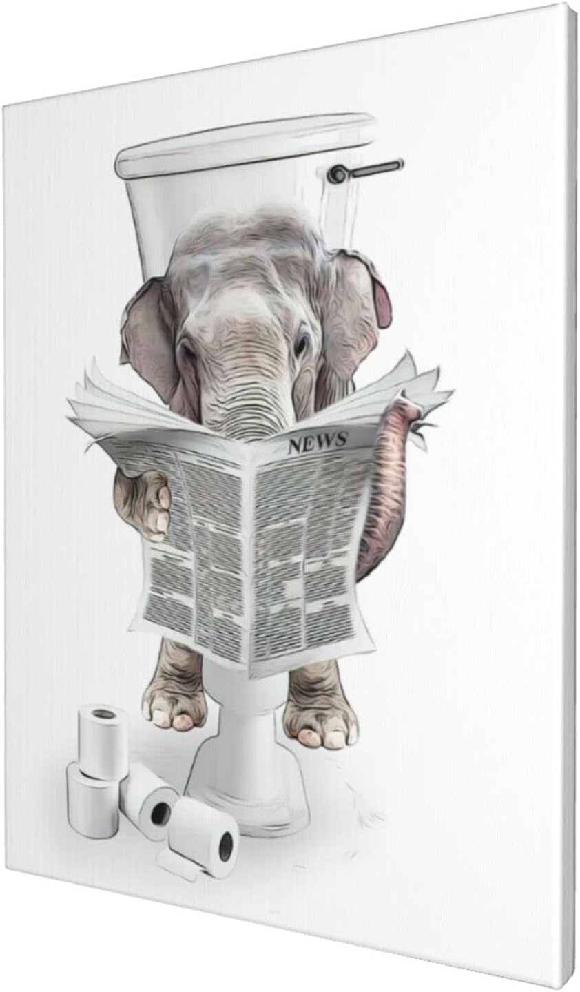 Arte de pared de baño de moda, arte de pared en blanco y negro, animales divertidos, elefante, decoración de pared para baño, dormitorio, sala de