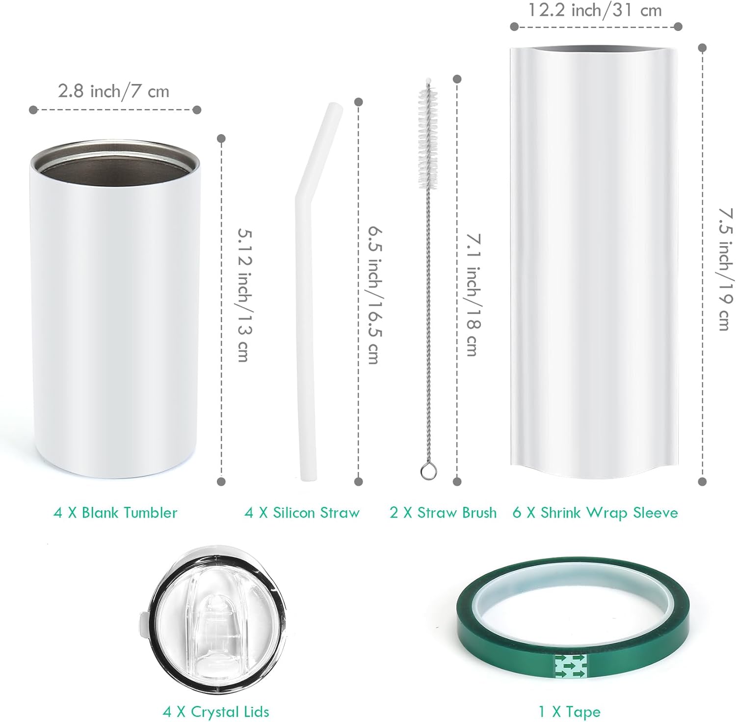 Rommeka Vasos de sublimación de 12 onzas, paquete de 4 vasos de sublimación de acero inoxidable rectos y delgados para niños con tapas y pajitas,